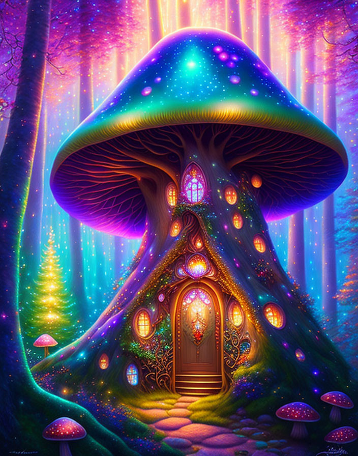 Vibrant fantasy mushroom house in mystical starlit setting