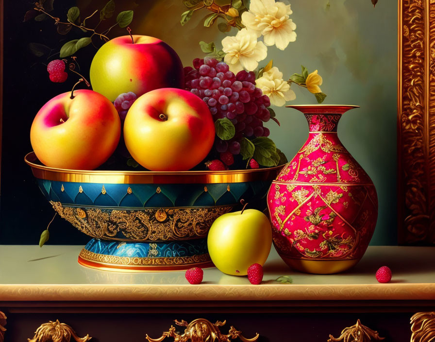 Ripe fruit and ornate bowl with red vase on dark backdrop