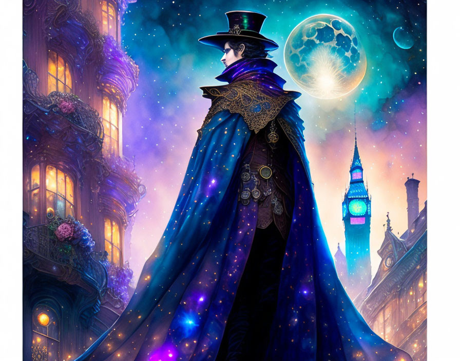 Victorian figure with top hat and cloak under starry sky and Big Ben.