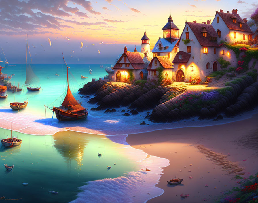 Seaside Village at Dusk with Illuminated Houses and Calm Ocean