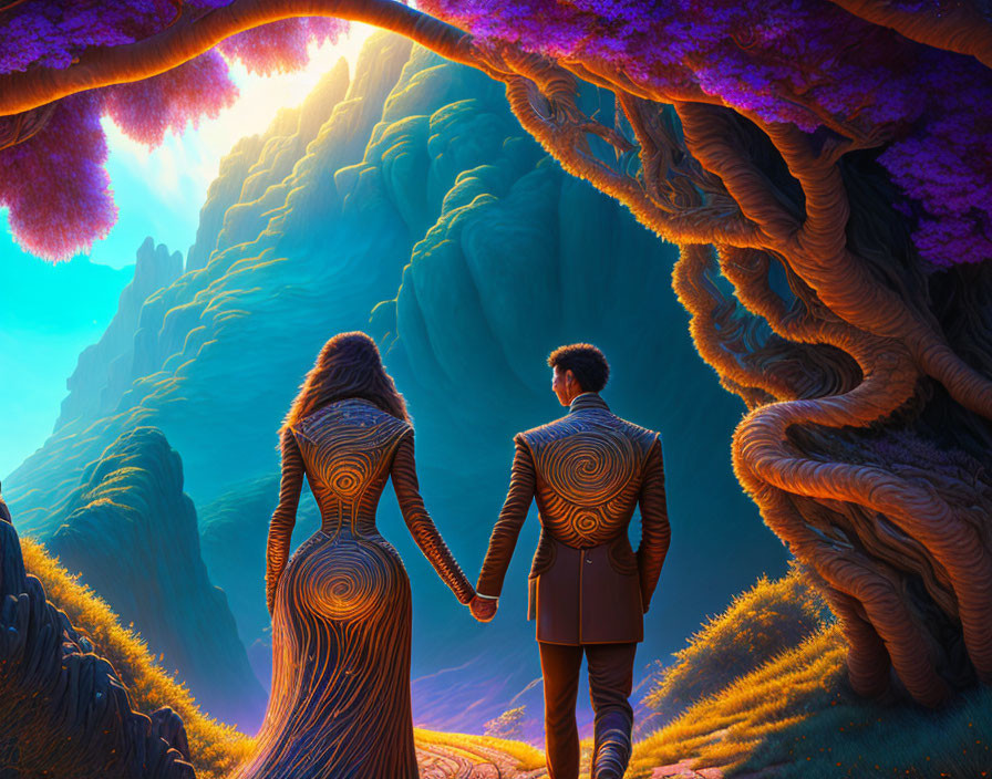 Couple Holding Hands Gazes at Luminous Fantasy Landscape