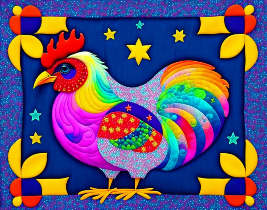 Colorful Stylized Rooster Illustration on Blue Background