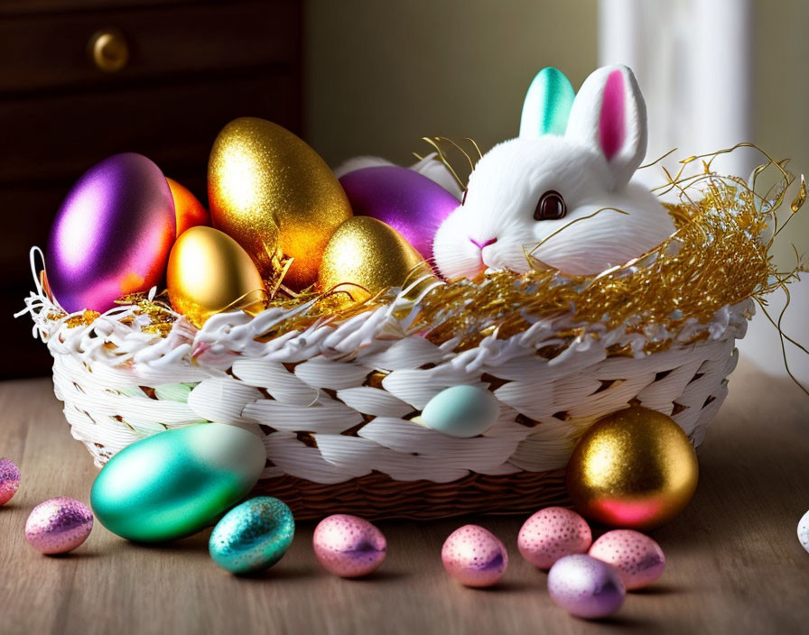 White Bunny with Easter Eggs and Candy on Wooden Surface