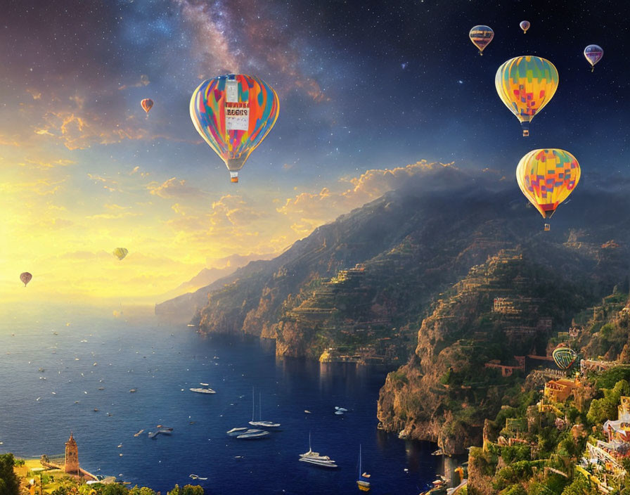 Colorful hot air balloons over coastal cliffs at sunset with boats in the water