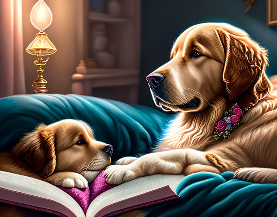 Golden retriever adult and puppy relaxing in cozy room with lamp and necklace on adult.