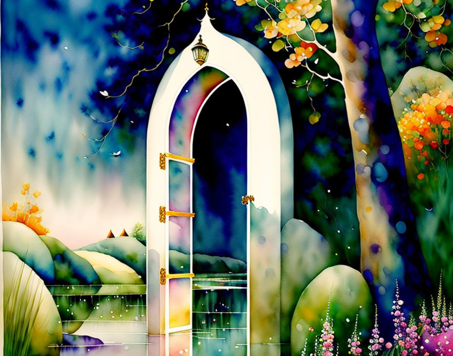 Vibrant landscape through open arched door: hills, flowers, starry night sky