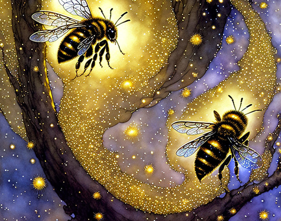 Two glowing bees flying near a mystical tree in starry setting