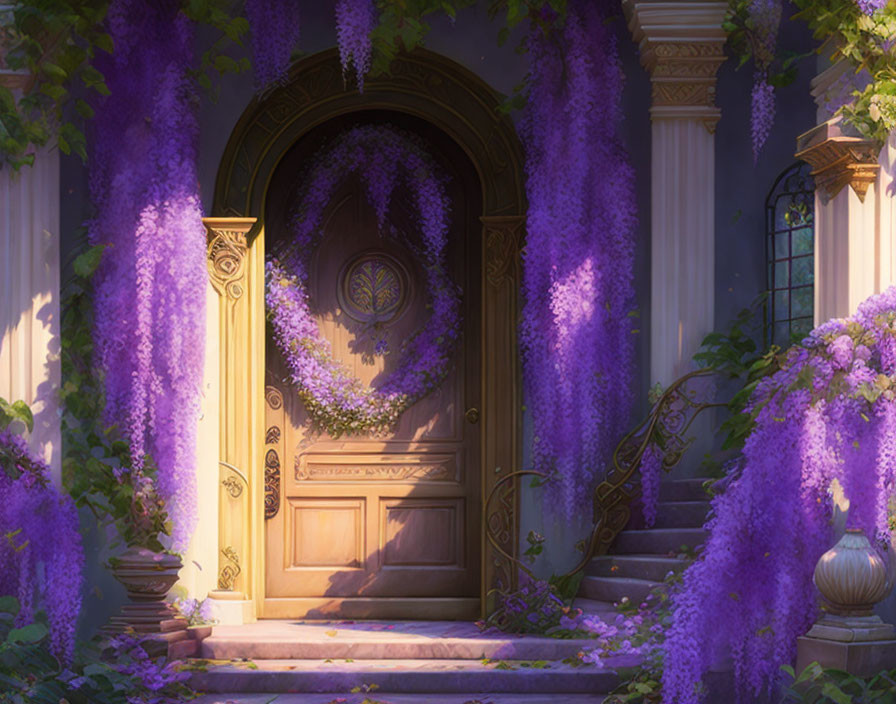 Wooden Door Framed by Columns and Purple Wisteria Glow