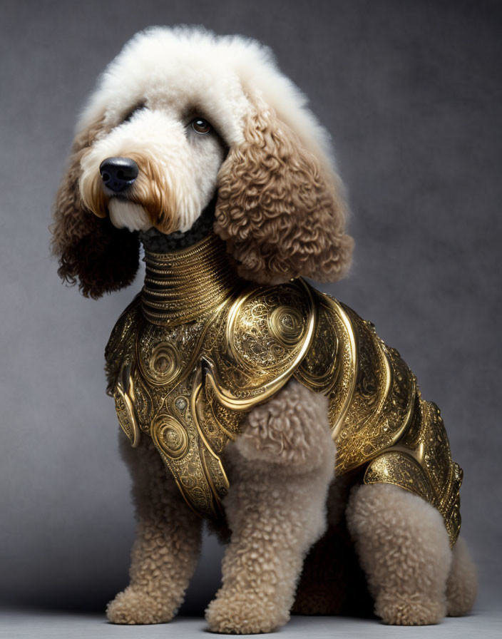 Poodle in ornate golden armor against gray background