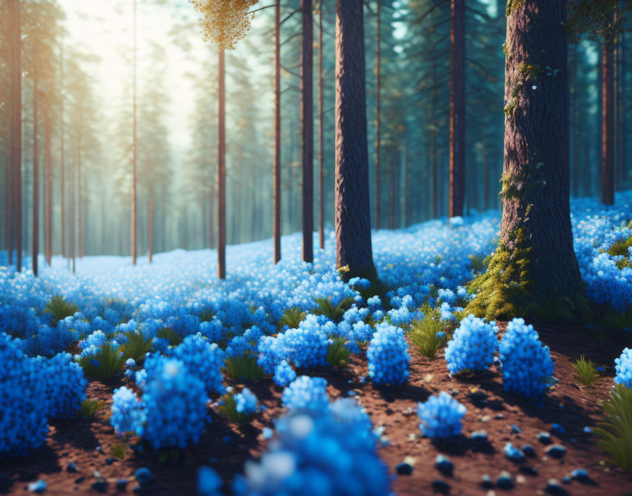 Tranquil forest scene: tall pines, blue flowers, golden light.