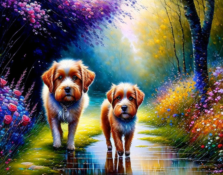 Fluffy dogs on vibrant path with colorful flowers and trees