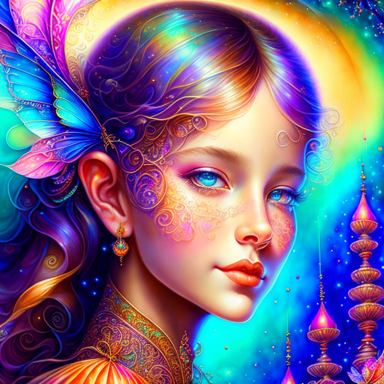 Fantasy girl with butterfly wings, tattoos, and jewels in colorful setting