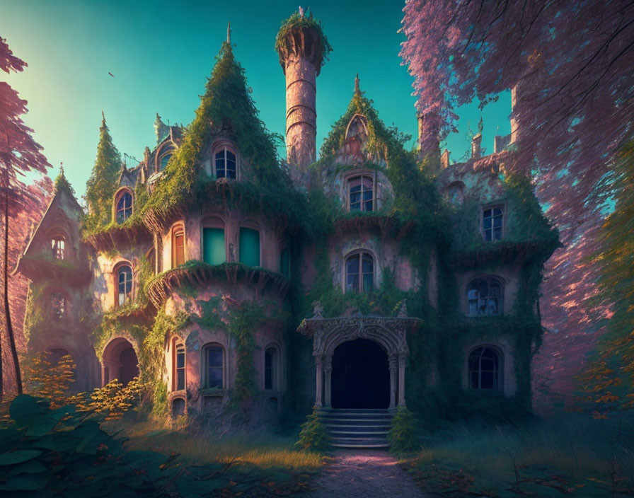 Enchanting Overgrown Castle in Dreamy Forest Setting