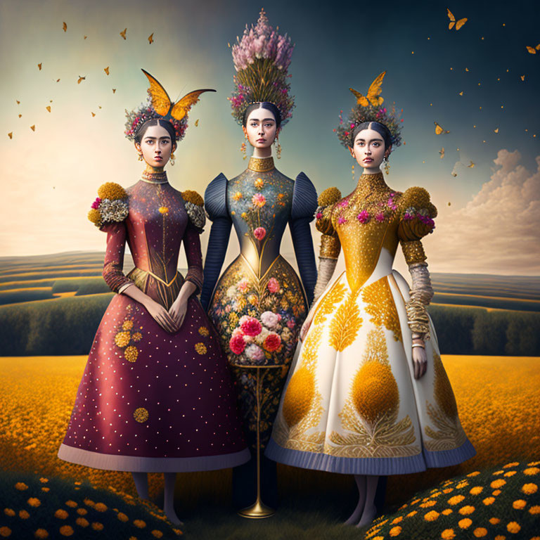 Three Women in Ornate Floral Dresses Standing in Field