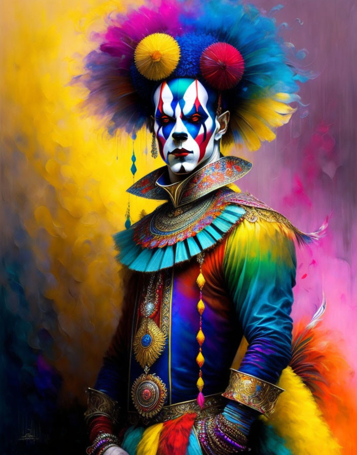 Colorful portrait of person in elaborate clown makeup and costume against paint-splattered background