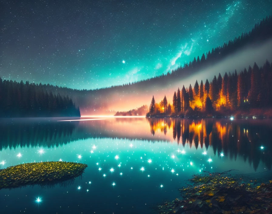 Starry Sky and Aurora Over Forest Reflected in Lake