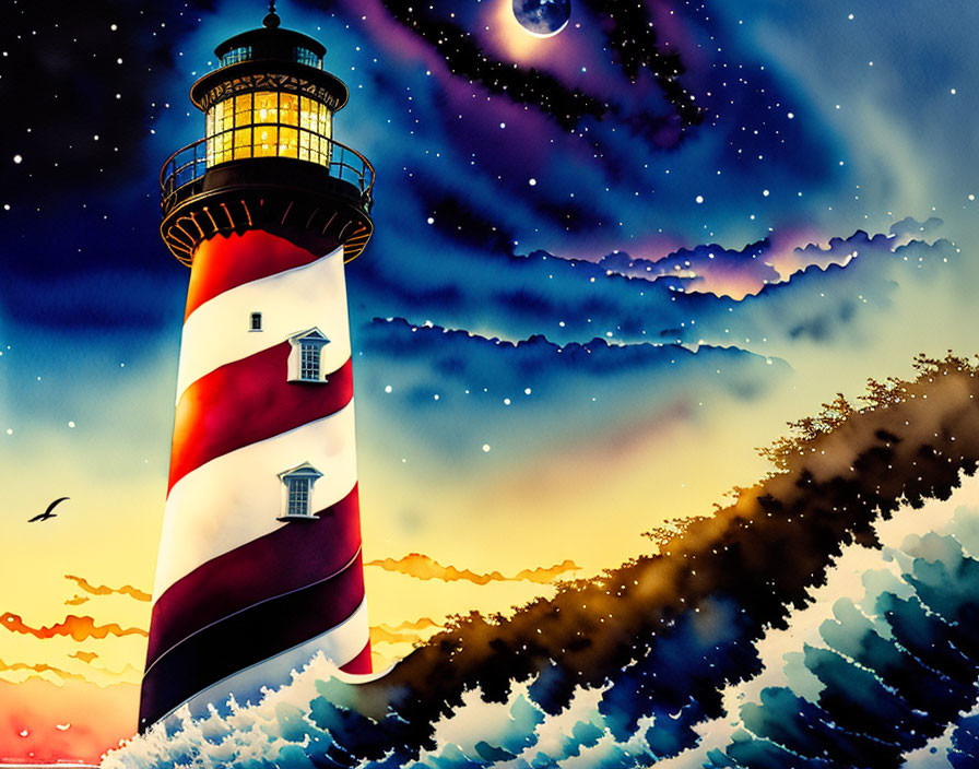 Stylized lighthouse artwork with red and white swirls on starry night sky