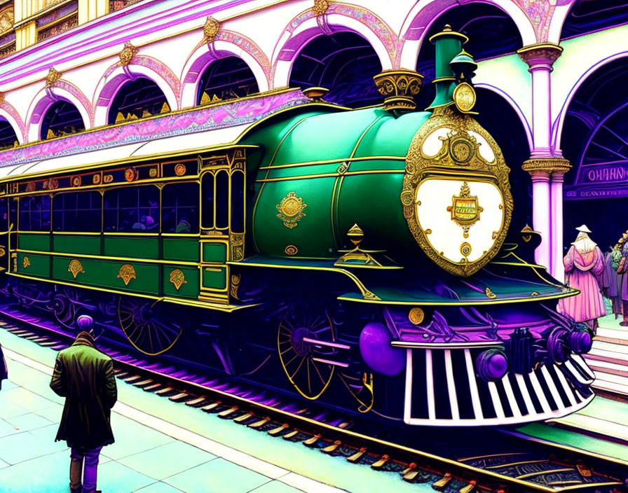 Colorful illustration of classic train at ornate purple platform