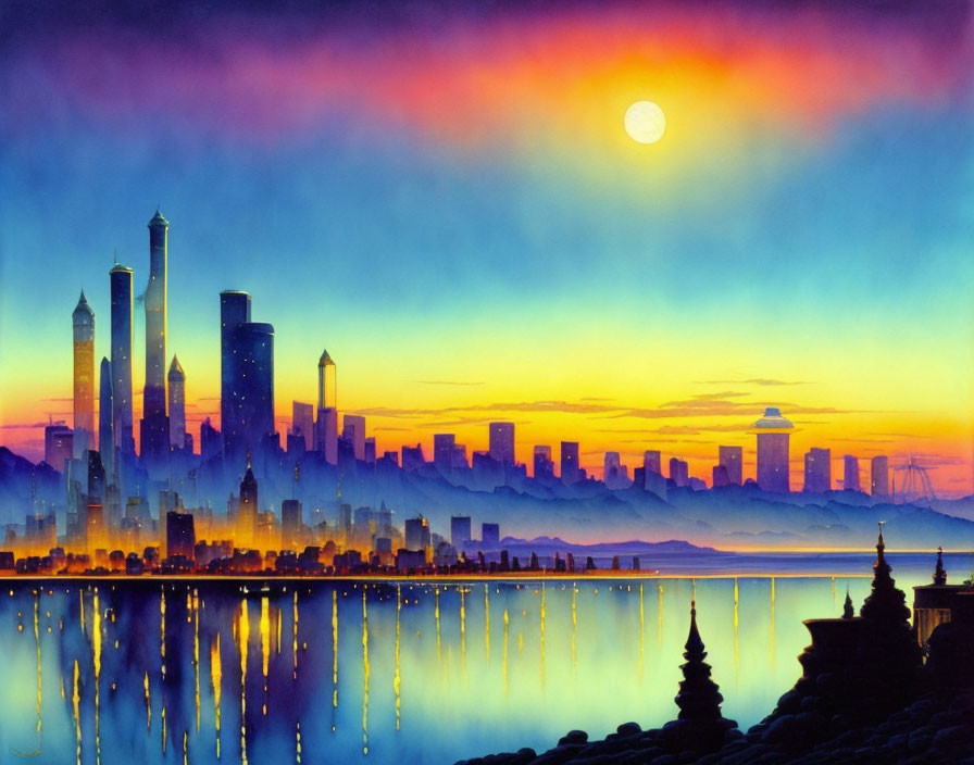 City skyline watercolor painting: sunset reflections on calm water