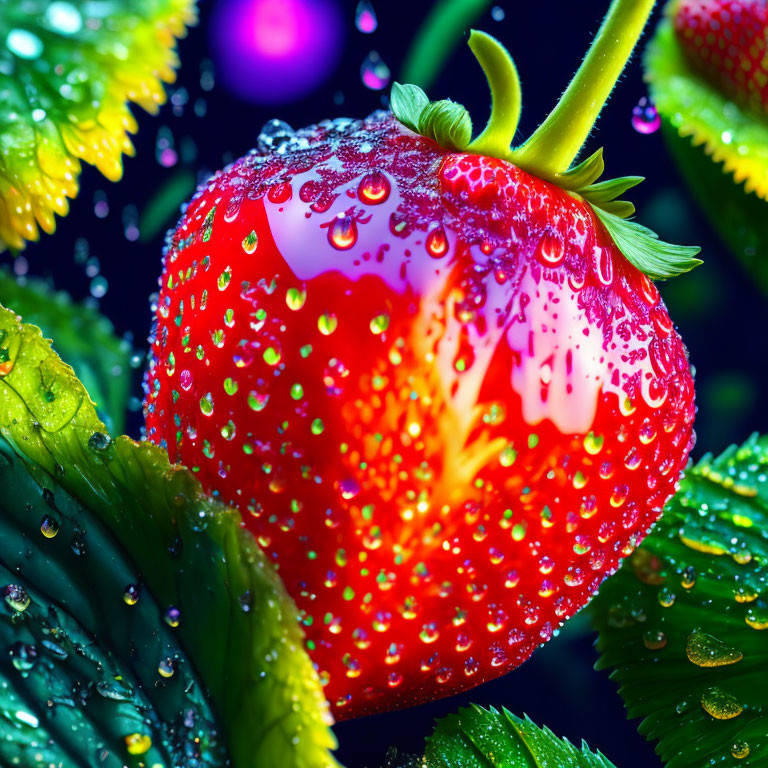 Ripe strawberry with water droplets on green leaves against dark background