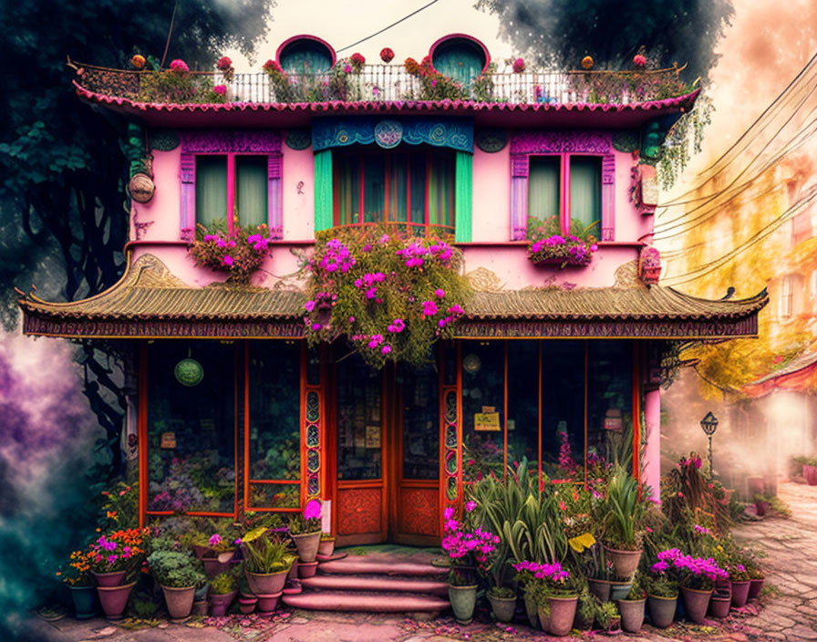 Pink two-story building with plants, flowers, wooden door, and lanterns