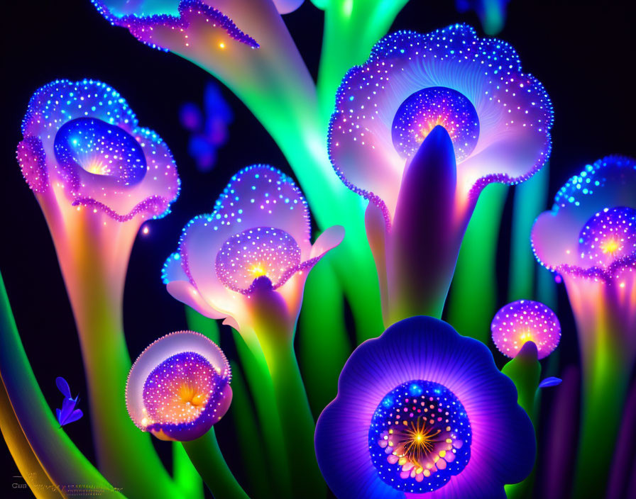 Neon-lit fantasy flowers in purple, blue, and green glow.