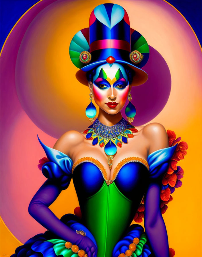 Vibrant digital artwork of stylized woman with colorful makeup and hat on yellow and purple backdrop