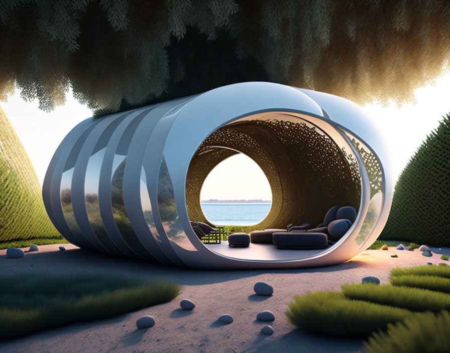 Cylindrical pod-like structure with open living space, surrounded by greenery and water view