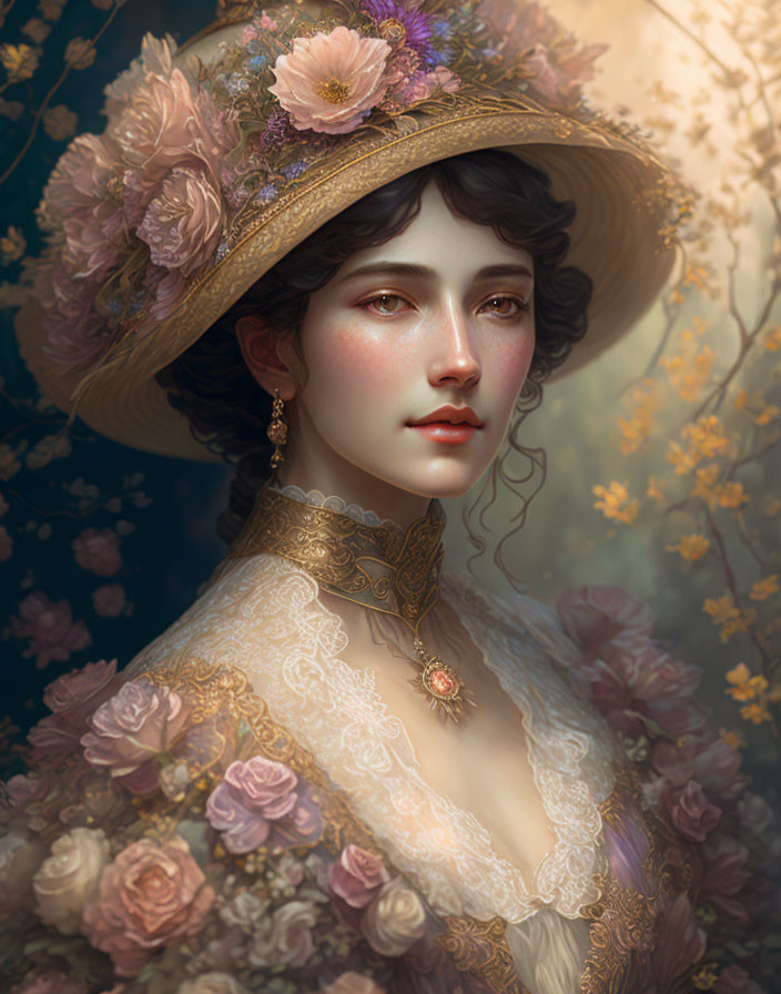 Young woman portrait with ornate hat, flowers, lace dress, and soft-focus blossoms.