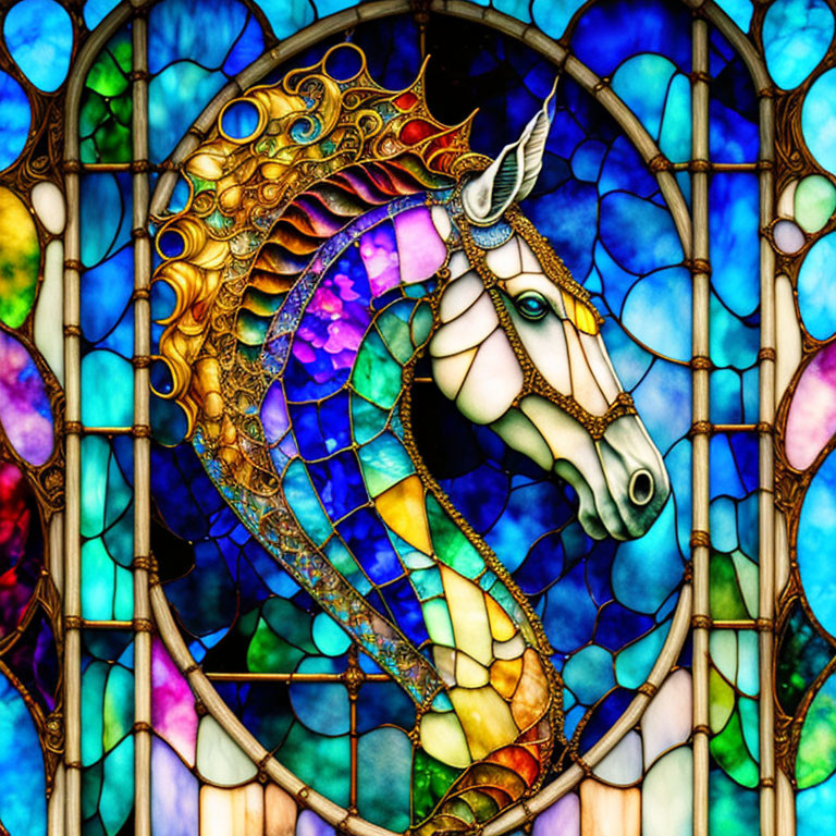 Colorful Stained Glass Art: Unicorn-headed Sea Dragon on Blue Background