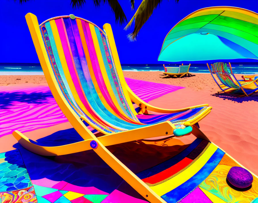 Colorful Beach Scene with Lounge Chair, Umbrella, and Psychedelic Sand Patterns