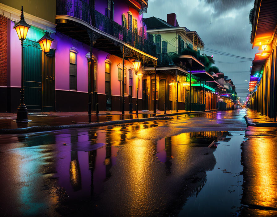 Twilight scene of rain-soaked historic district with colorful buildings.