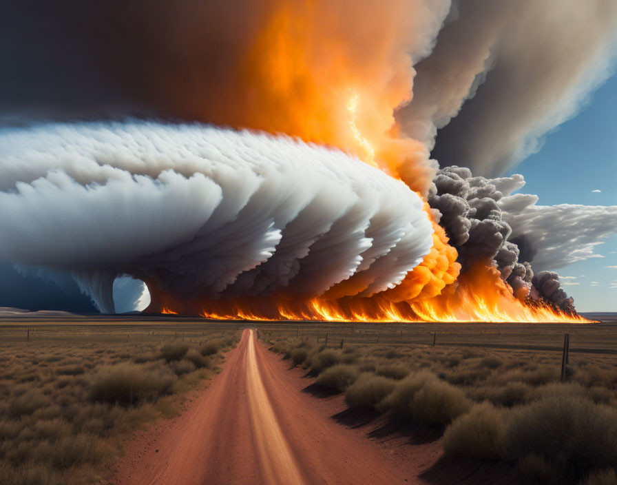 Dramatic smoke and fire cloud over deserted road