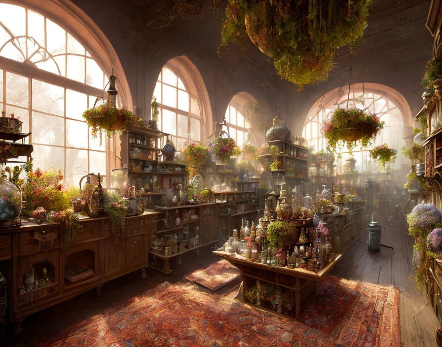 Sunlit vintage interior with plants, terrariums, wooden furniture, rugs