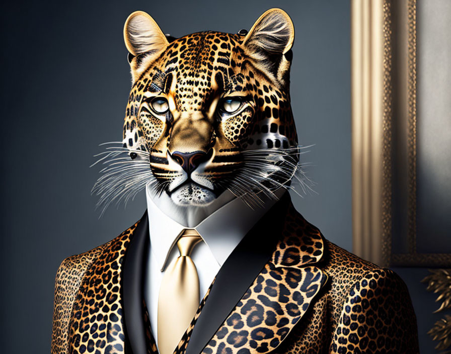 Digital artwork of leopard-headed human in leopard suit & tie