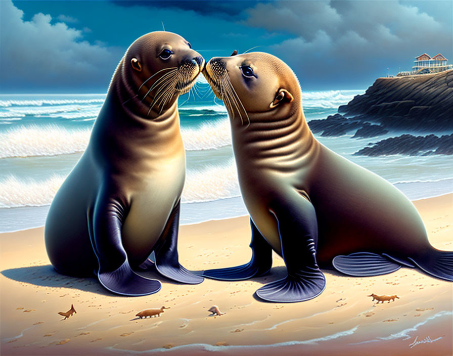 Affectionate seals touching noses on sandy beach with house and sky