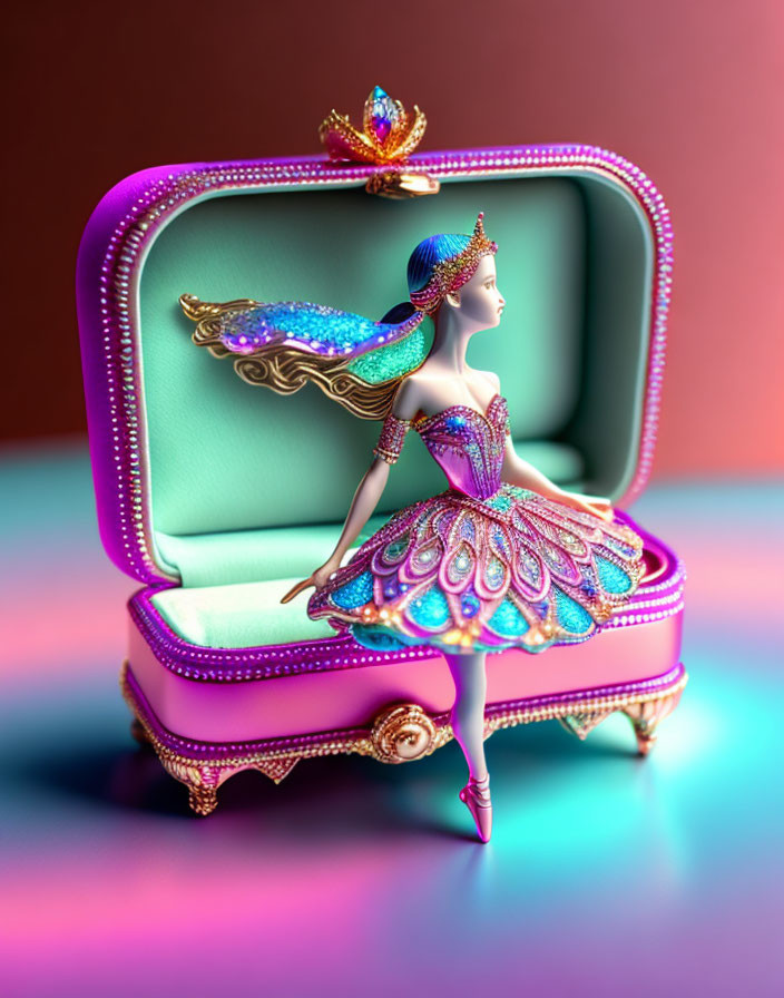 Colorful 3D illustration of ornate jewelry box with ballerina on dual-tone backdrop