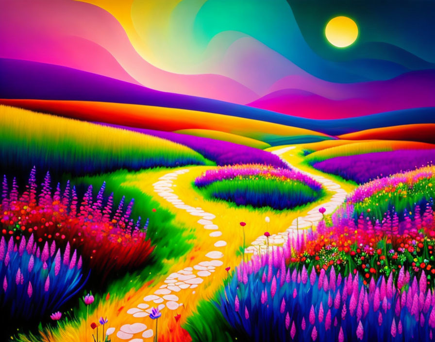 Colorful Stylized Landscape with Winding Path and Rolling Hills