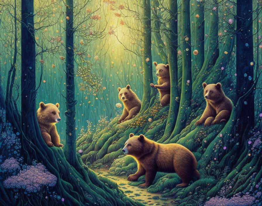 Enchanting forest scene: Five bear cubs playing under twilight trees