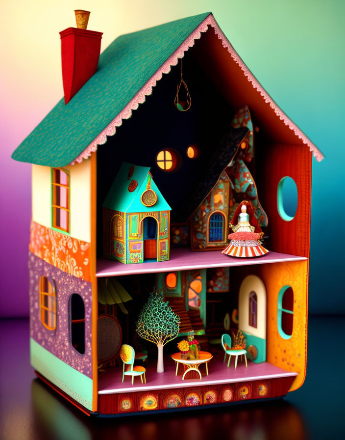 Detailed Dollhouse with Colorful Decor & Mini Furniture