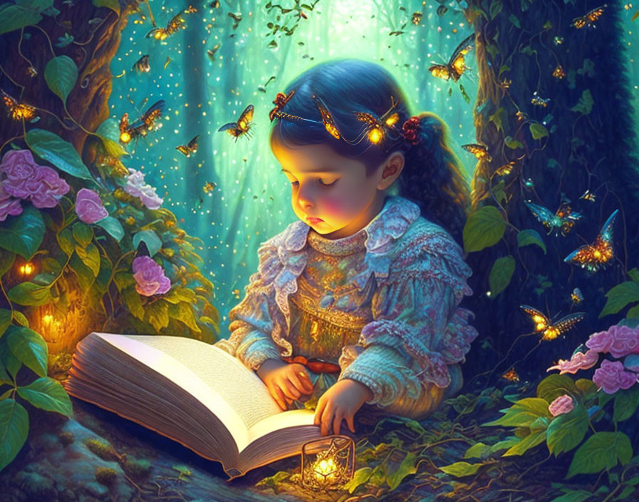 Young girl reading glowing book in enchanted forest with flowers, butterflies, and soft lights