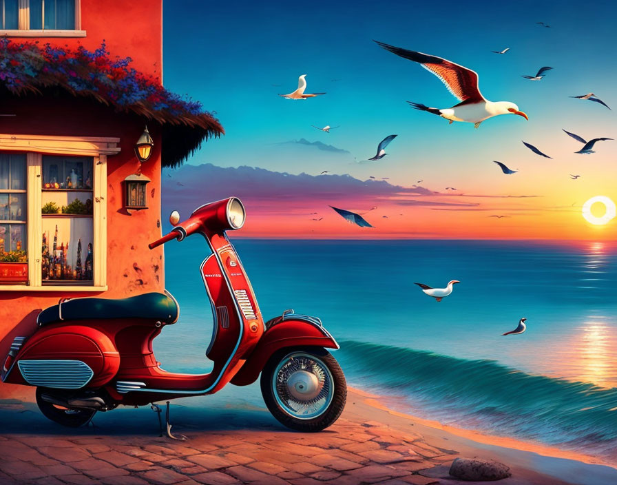 Red scooter parked near house by serene sea with birds and sunset.