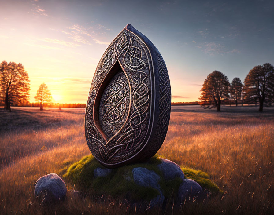 Intricately Carved Stone Egg on Mossy Patch Against Golden Sunset