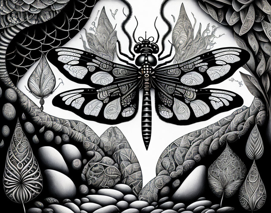 Monochromatic art: stylized butterfly with intricate patterns and decorative elements