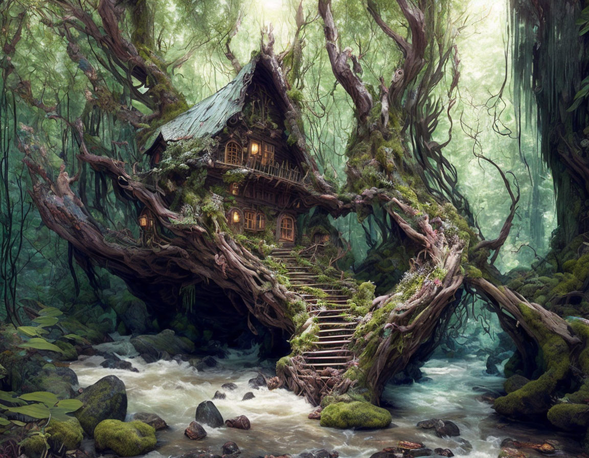 Mystical treehouse in enchanting forest setting