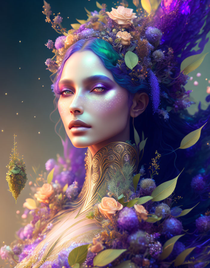 Vibrant floral elements on surreal woman's portrait