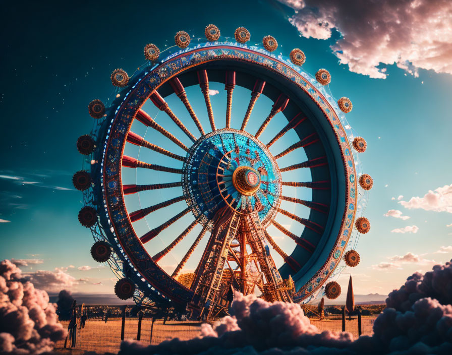 Ferris Wheel Against Striking Sky with Sunlit Clouds