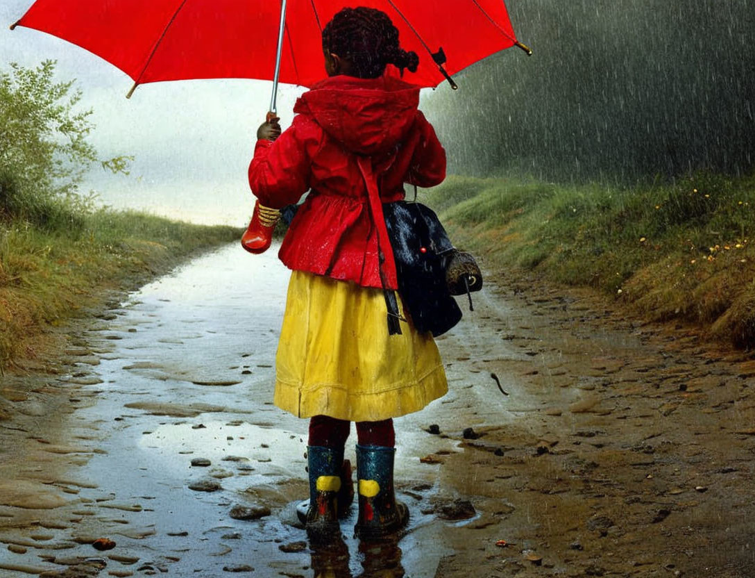 Child in Red Jacket with Yellow Skirt Holding Red Umbrella in Rainy Scene