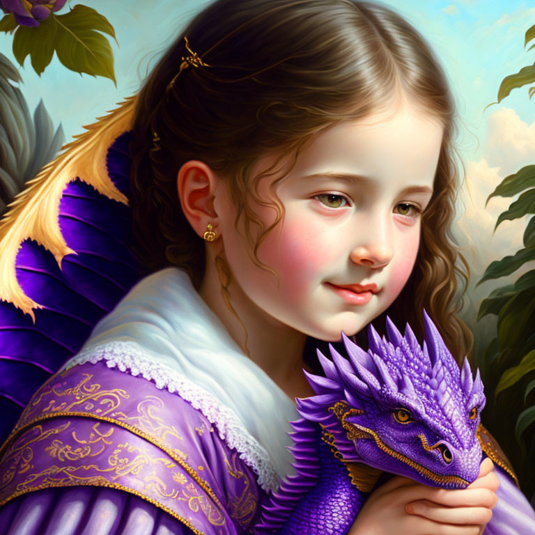 Serene young girl in purple dress with small dragon among green leaves