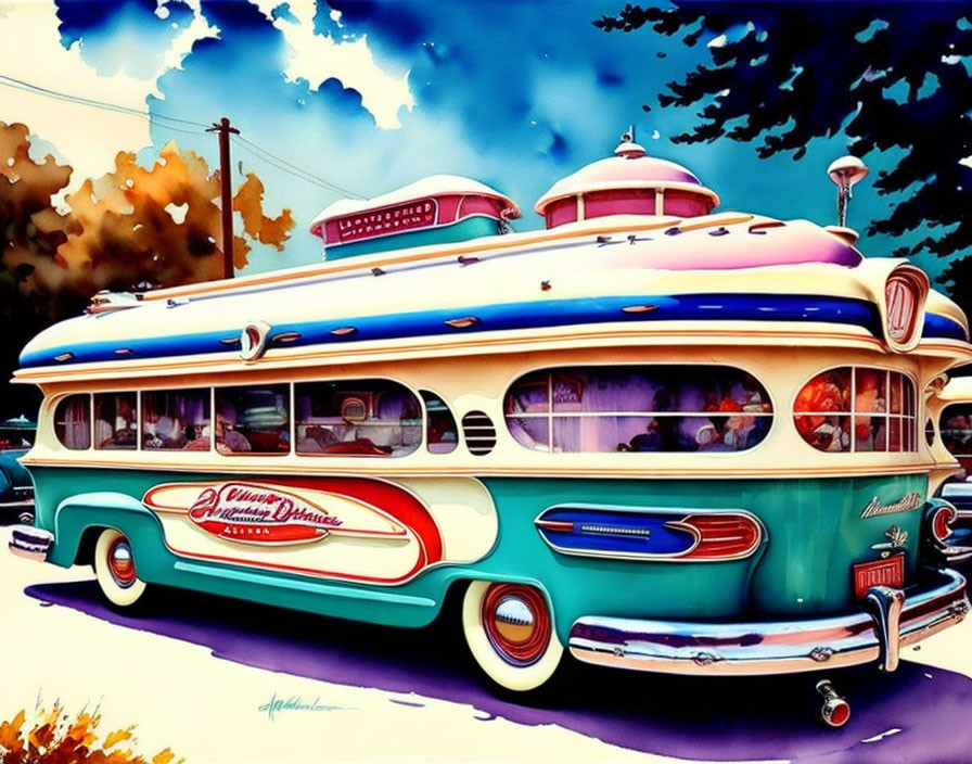 1950s American-themed diner bus illustration with teal and white colors